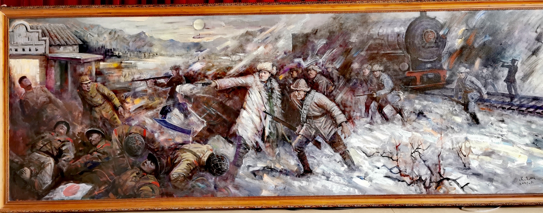 描写东北抗联画作《李兆麟神树夜袭日本兵营,迟连城老师作品.
