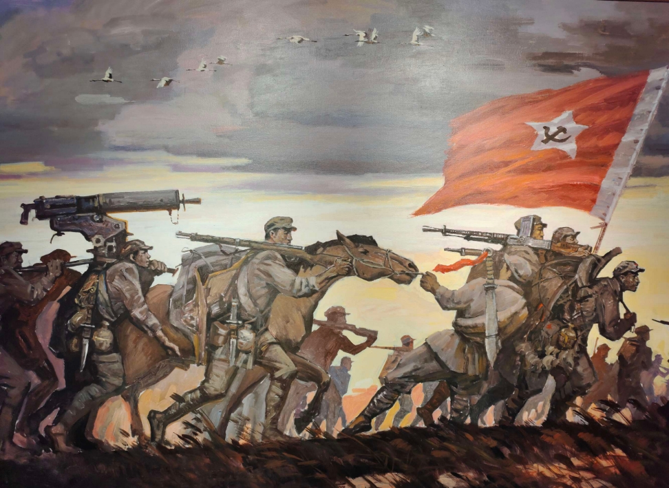 红军长征时翻越雪山草地的油画.