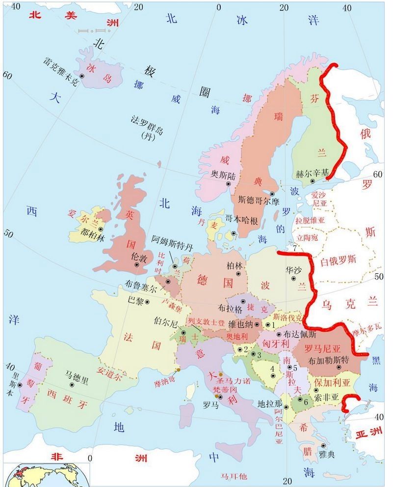 欧洲国家地图从欧洲地图看 ,面积较大的国家大家容易确认.