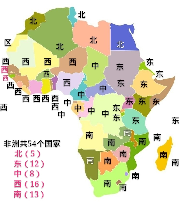 非洲轮廓图非洲区划地图非洲共有54个国家,划分五个地区.