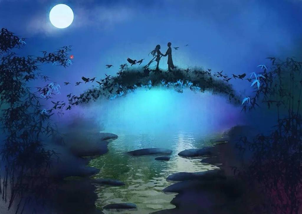 银河两岸边牛郎织女遥对面日夜早盼七夕到一家团圆鹊桥见作者风采唐鹏