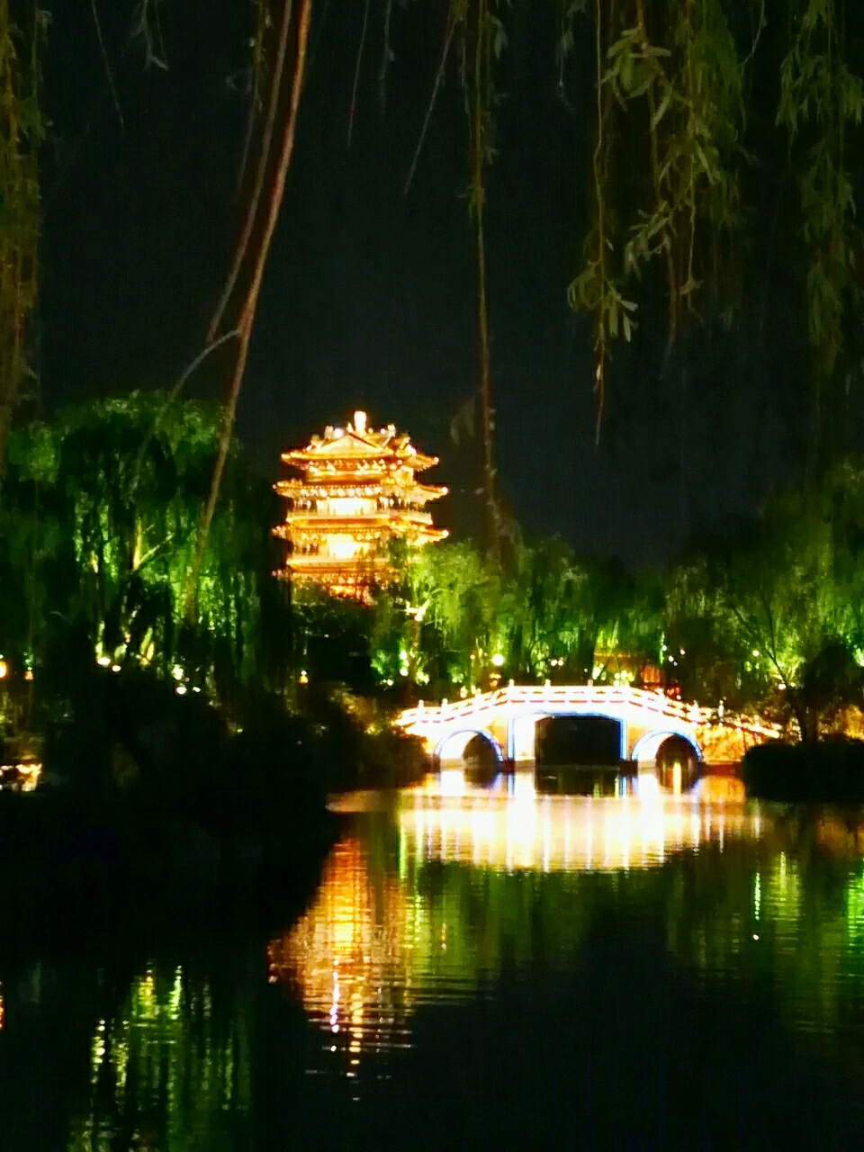 山東濟南大明湖畔的夜景