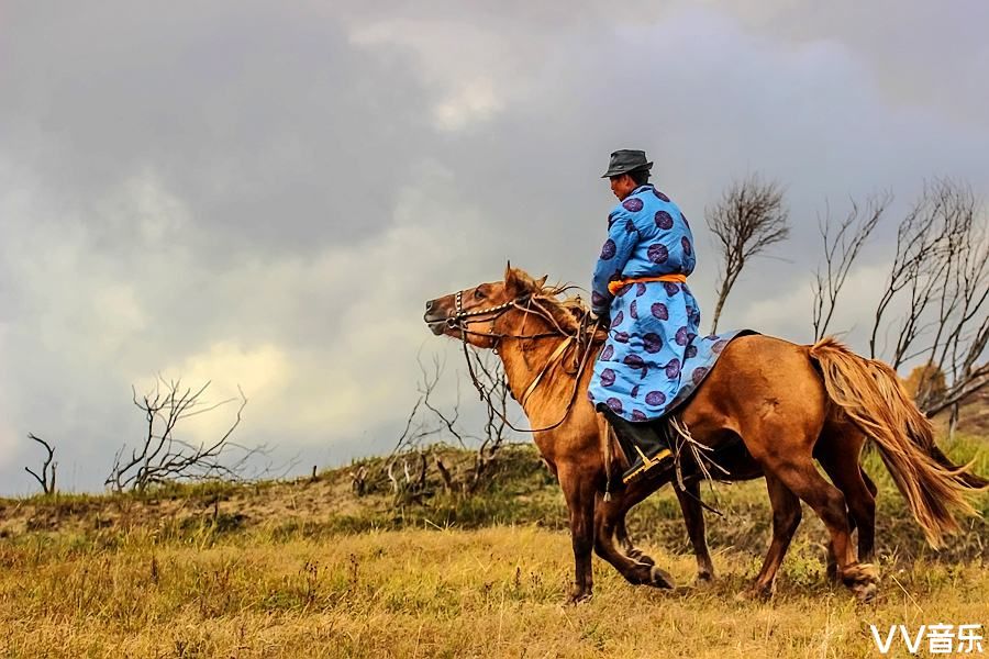 蒙古汉子骑着矫健的马儿奔驰在一望无垠的的大草原
