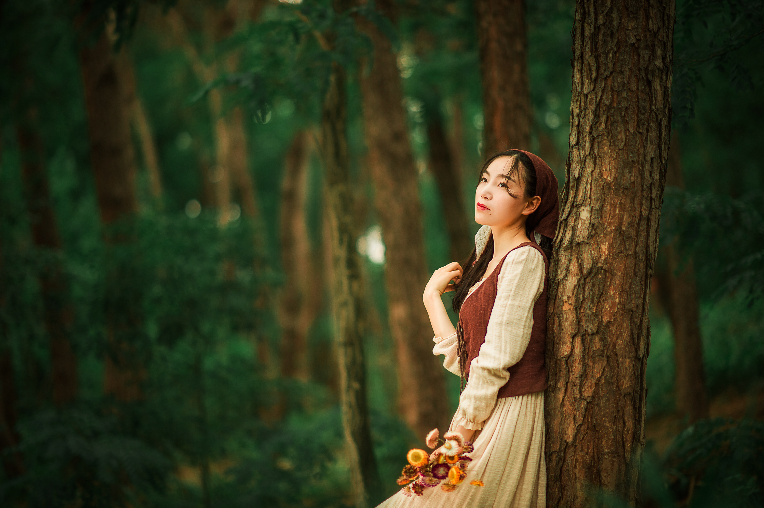 森林里的牧羊女——森系油画风