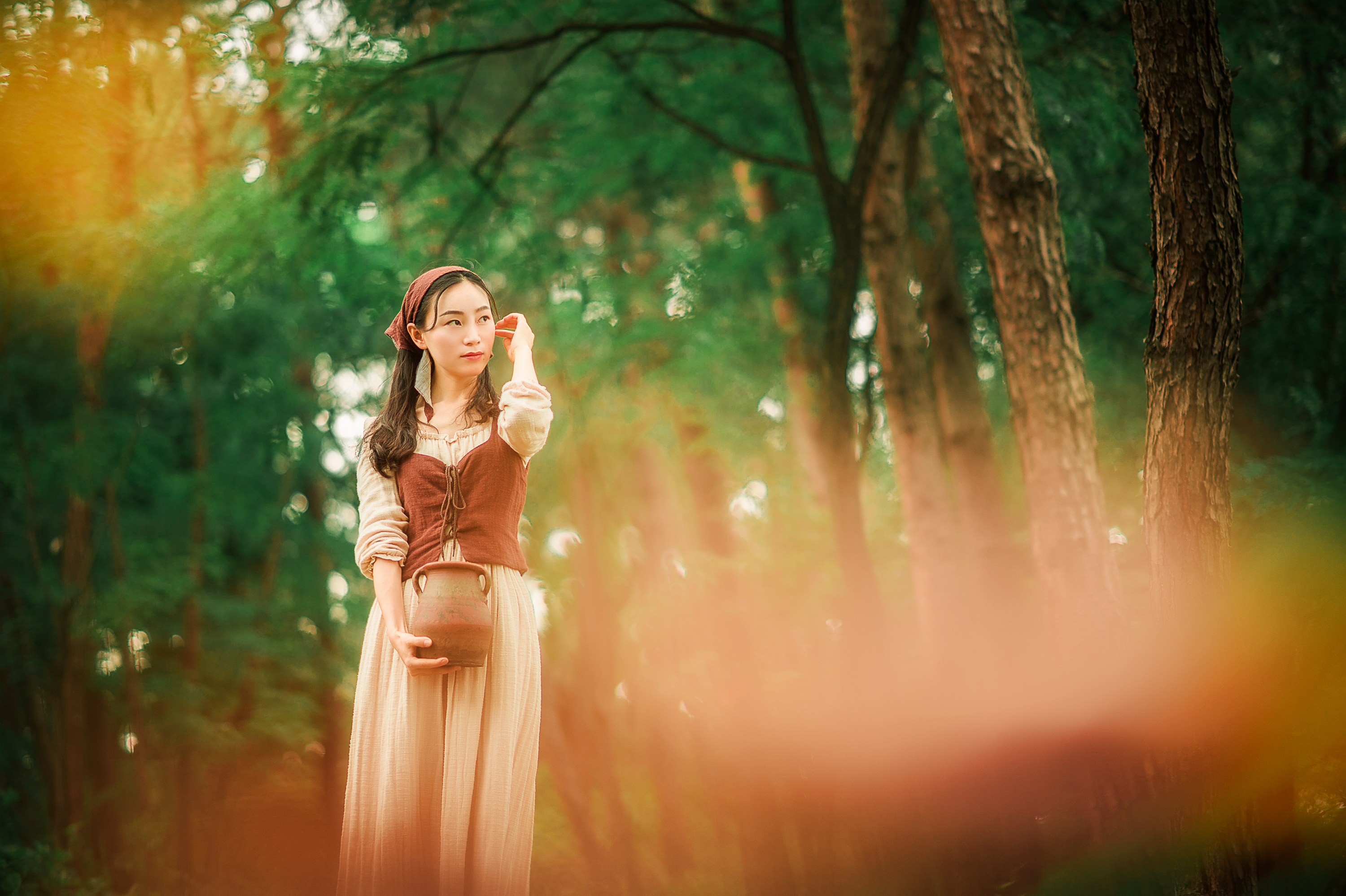 森林里的牧羊女——森系油画风