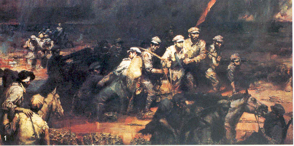 一支由军长亲自率领的红军队伍,冲破了敌人的枪林弹雨,在艰难地行进着