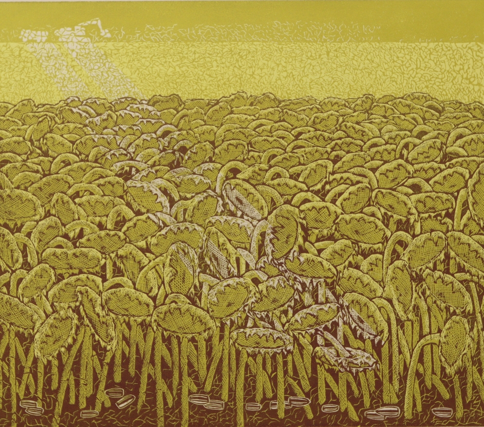 《唱晚》绝版套色木刻30x30cm 2017年