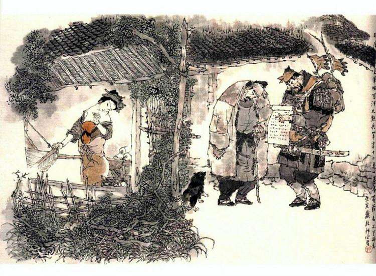 女来,出郭相扶将;阿姊闻妹来,当户理红妆;小弟闻姊来,磨刀霍霍向猪羊